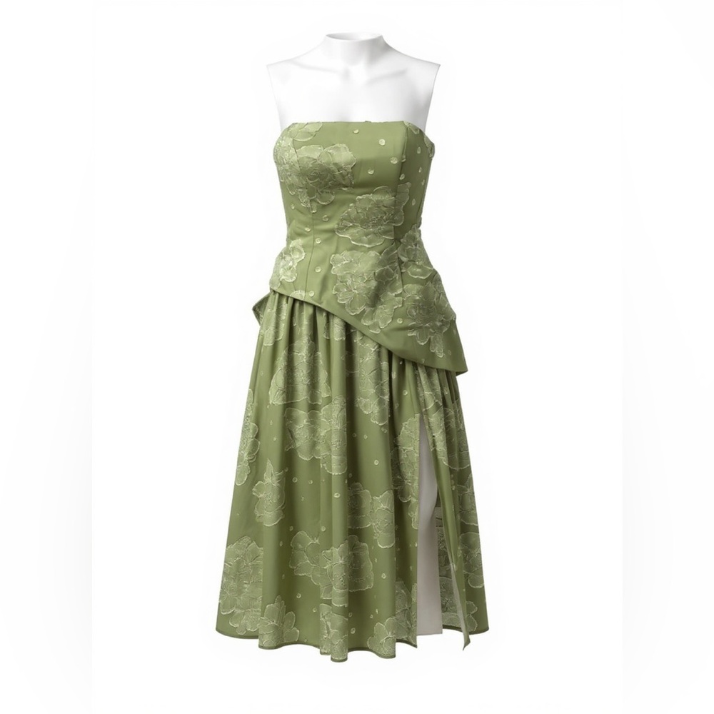AZAZIE ATELIER Green Floral Embroidered Strapless High Slit Maxi Dress Gown‎ US2